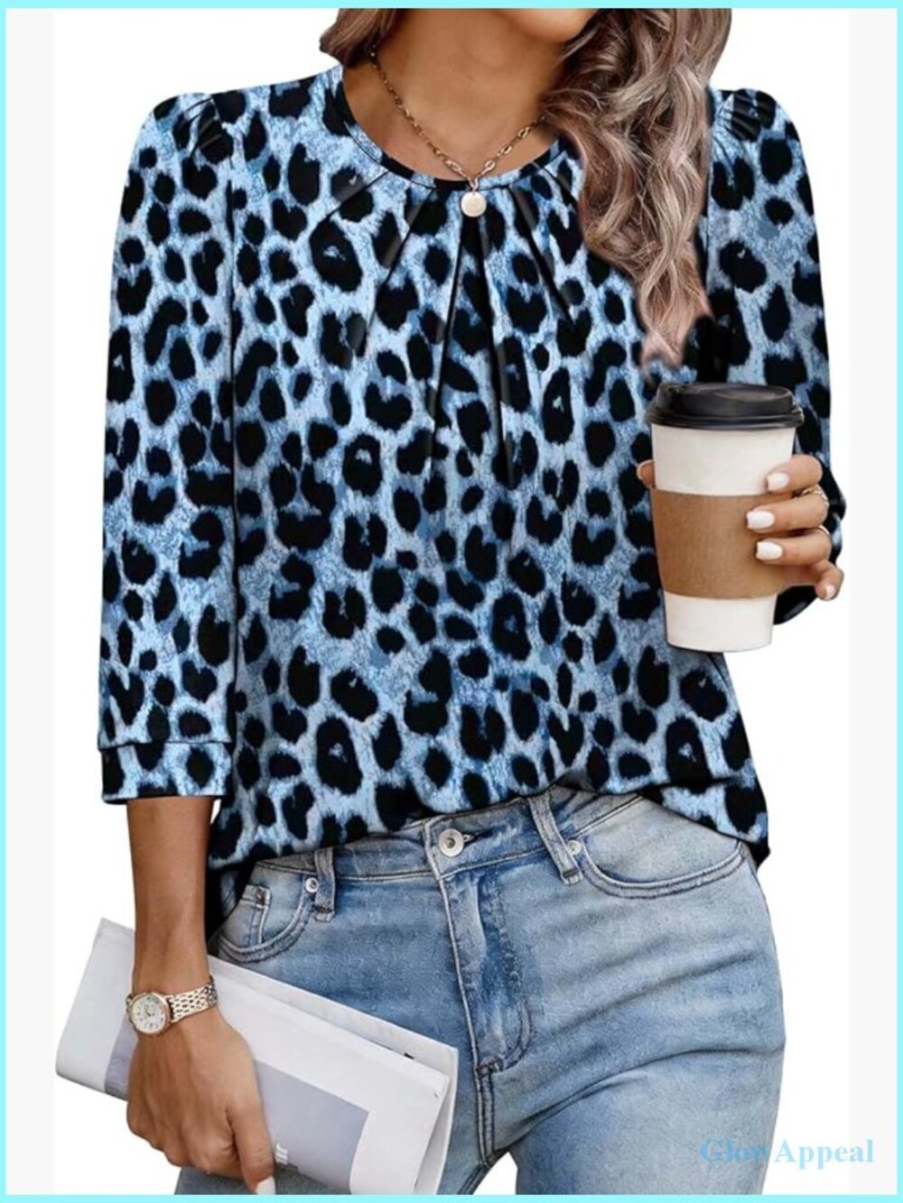 3/4 Sleeve Blouse - Pleated Front Puff Sleeve Tunic Top Flowy Loose Fit